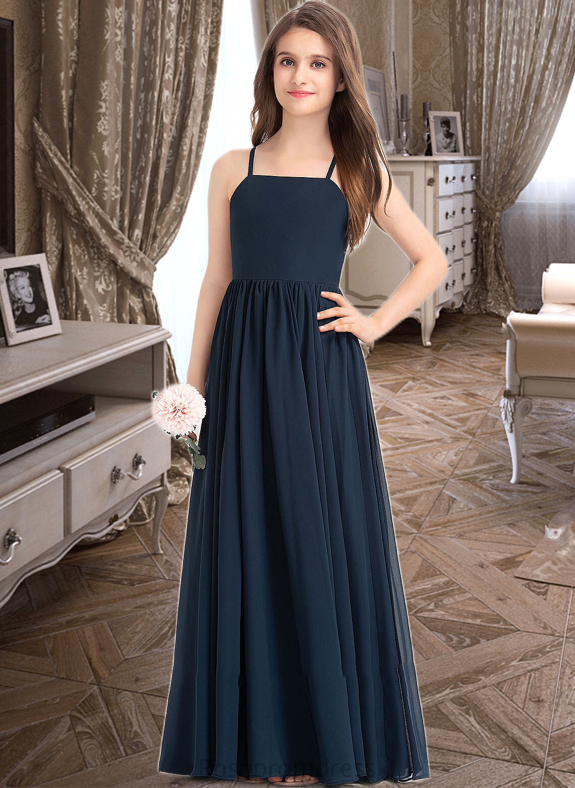 Addisyn A-Line Square Neckline Floor-Length Chiffon Junior Bridesmaid Dress With Bow(s) SRSP0013345