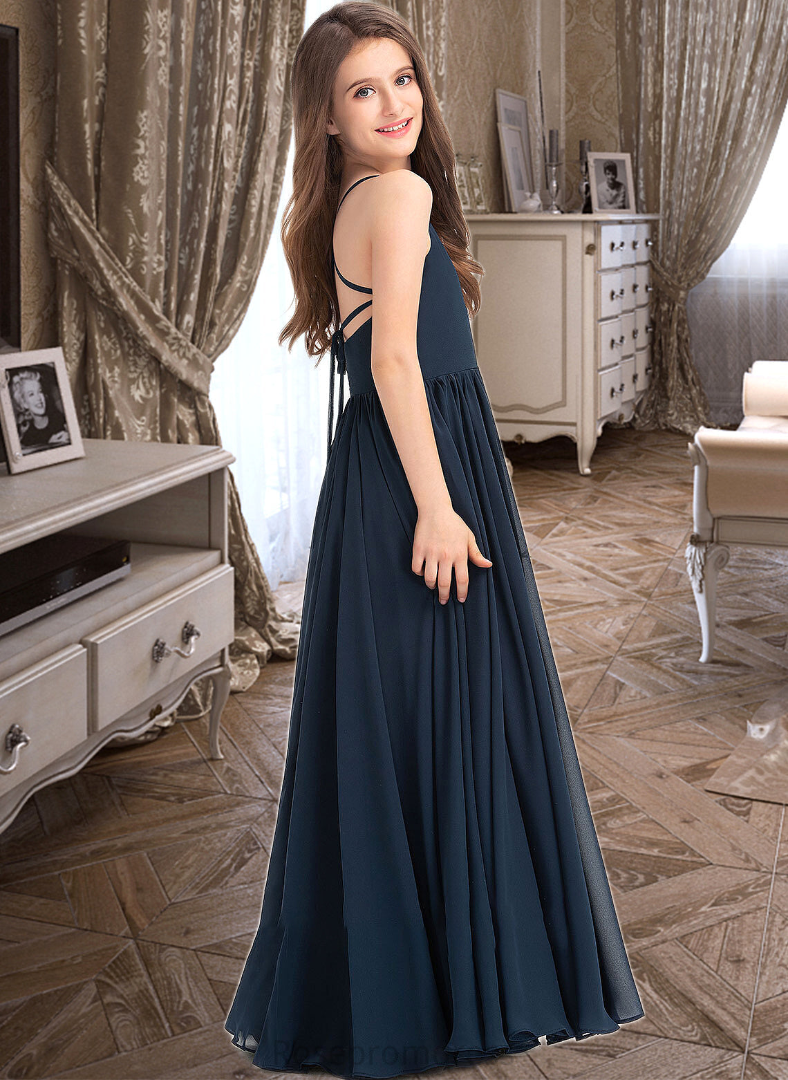 Addisyn A-Line Square Neckline Floor-Length Chiffon Junior Bridesmaid Dress With Bow(s) SRSP0013345