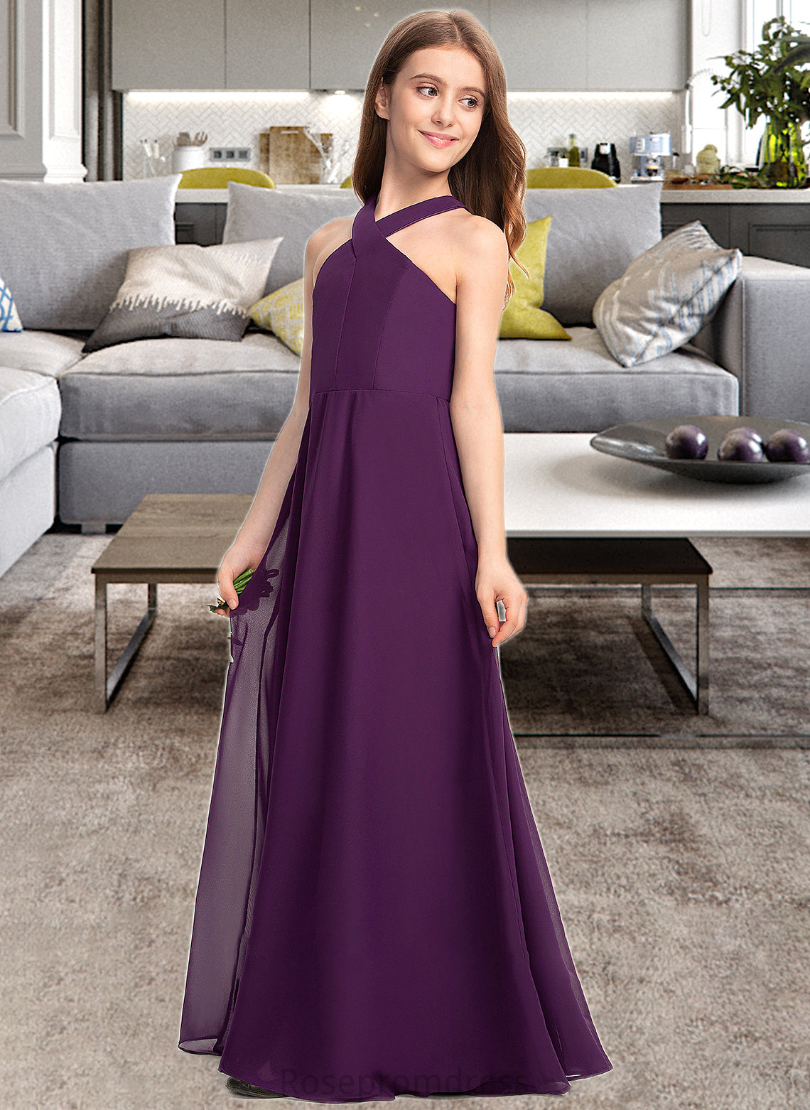 Lola A-Line V-neck Floor-Length Chiffon Junior Bridesmaid Dress SRSP0013346