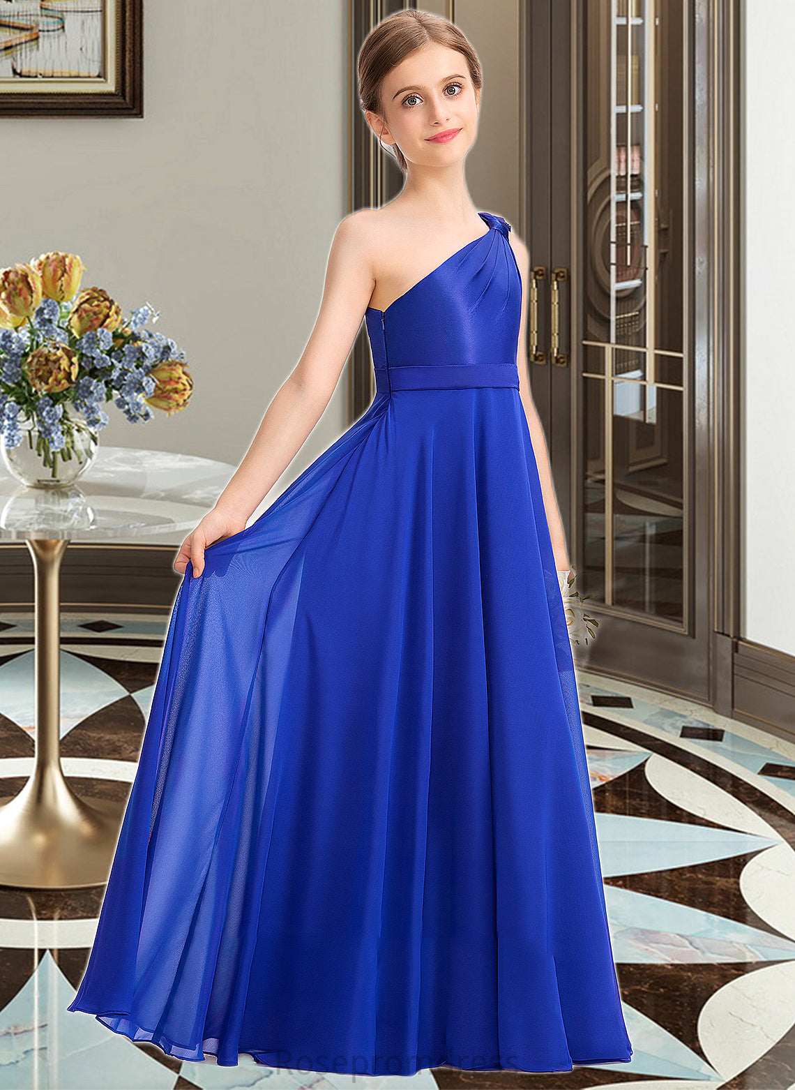 Nita A-Line One-Shoulder Floor-Length Chiffon Charmeuse Junior Bridesmaid Dress With Ruffle SRSP0013347