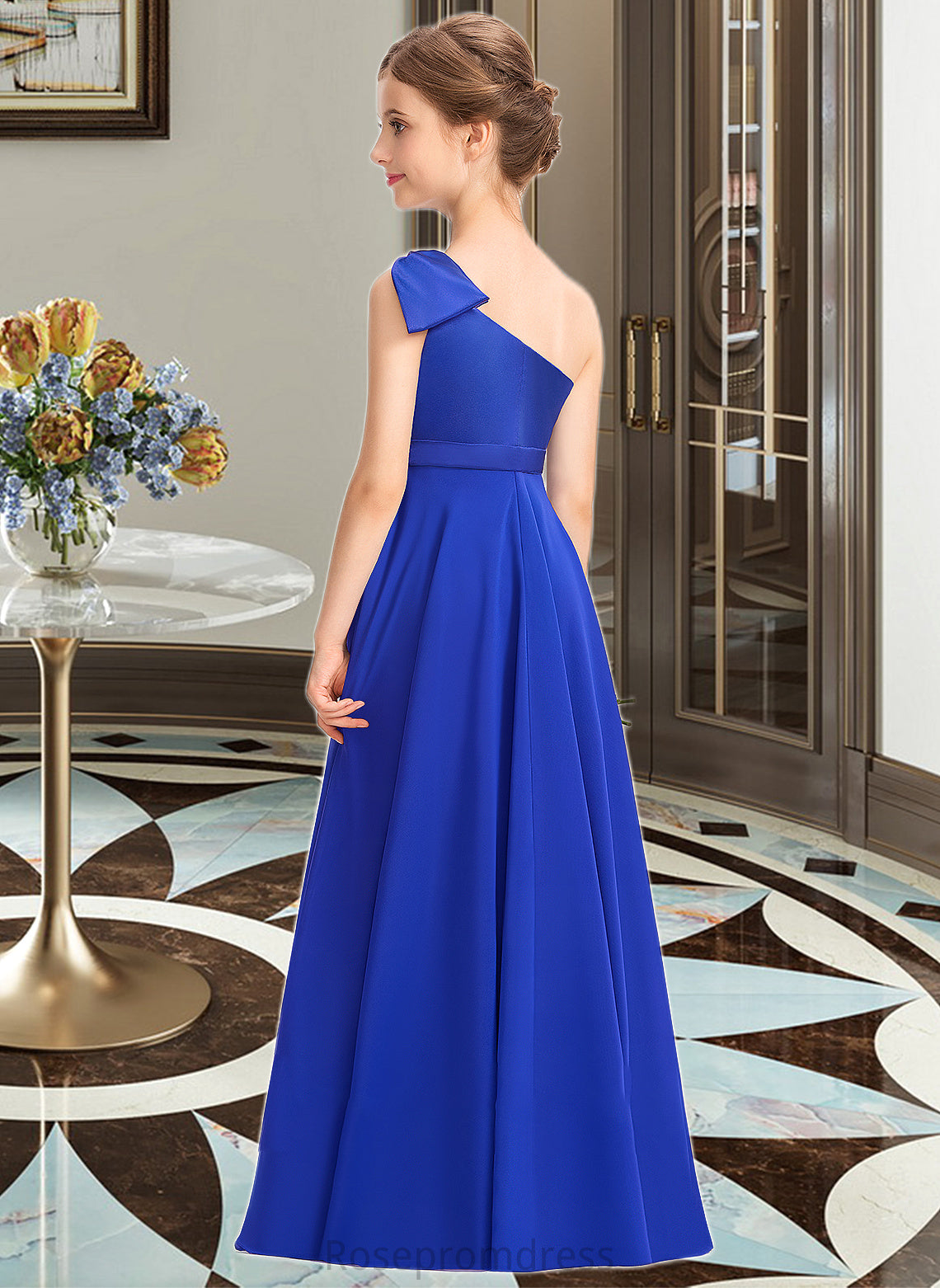Nita A-Line One-Shoulder Floor-Length Chiffon Charmeuse Junior Bridesmaid Dress With Ruffle SRSP0013347