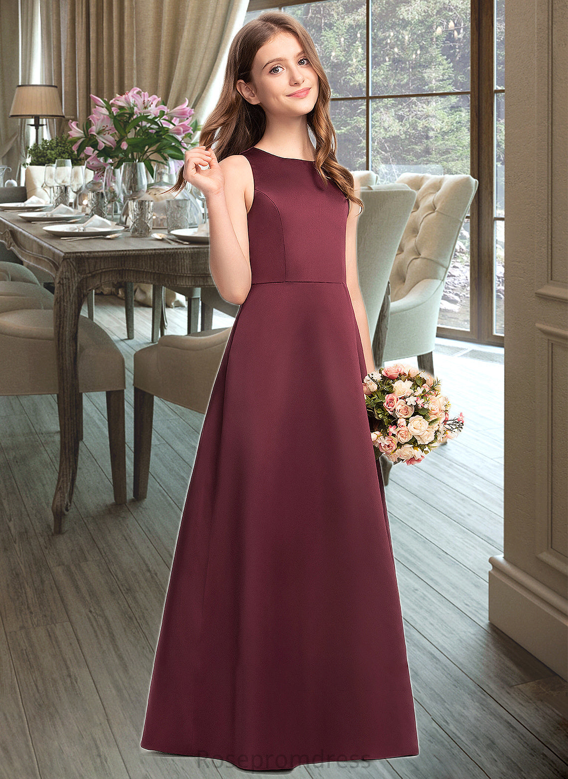 Anabella A-Line Scoop Neck Floor-Length Satin Junior Bridesmaid Dress SRSP0013348