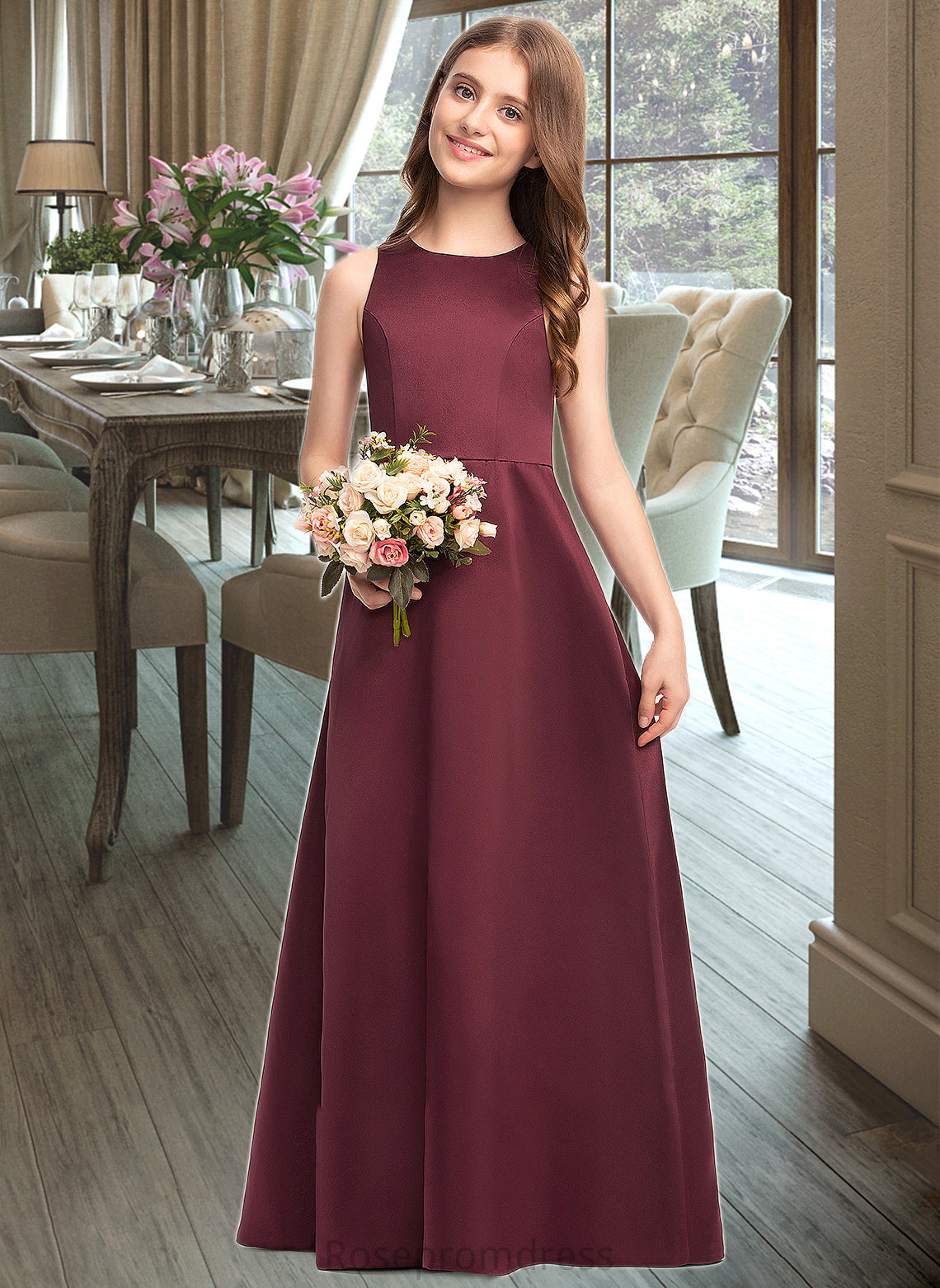 Anabella A-Line Scoop Neck Floor-Length Satin Junior Bridesmaid Dress SRSP0013348