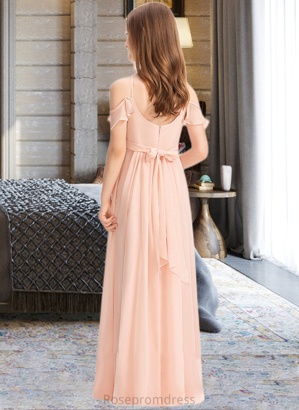 Alannah A-Line V-neck Floor-Length Chiffon Junior Bridesmaid Dress With Ruffle Bow(s) SRSP0013349