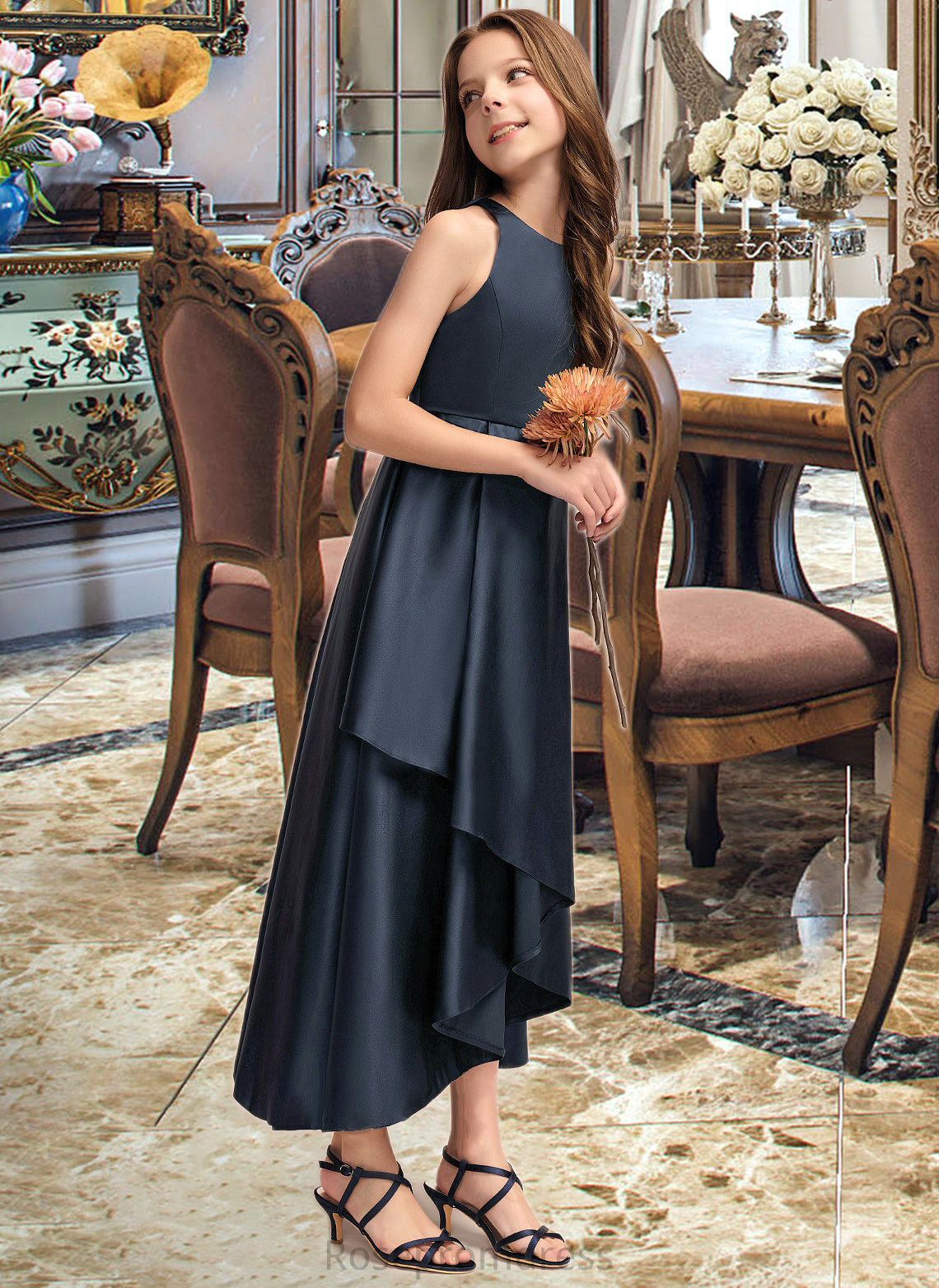 Winnie A-Line Scoop Neck Asymmetrical Satin Junior Bridesmaid Dress With Cascading Ruffles SRSP0013352
