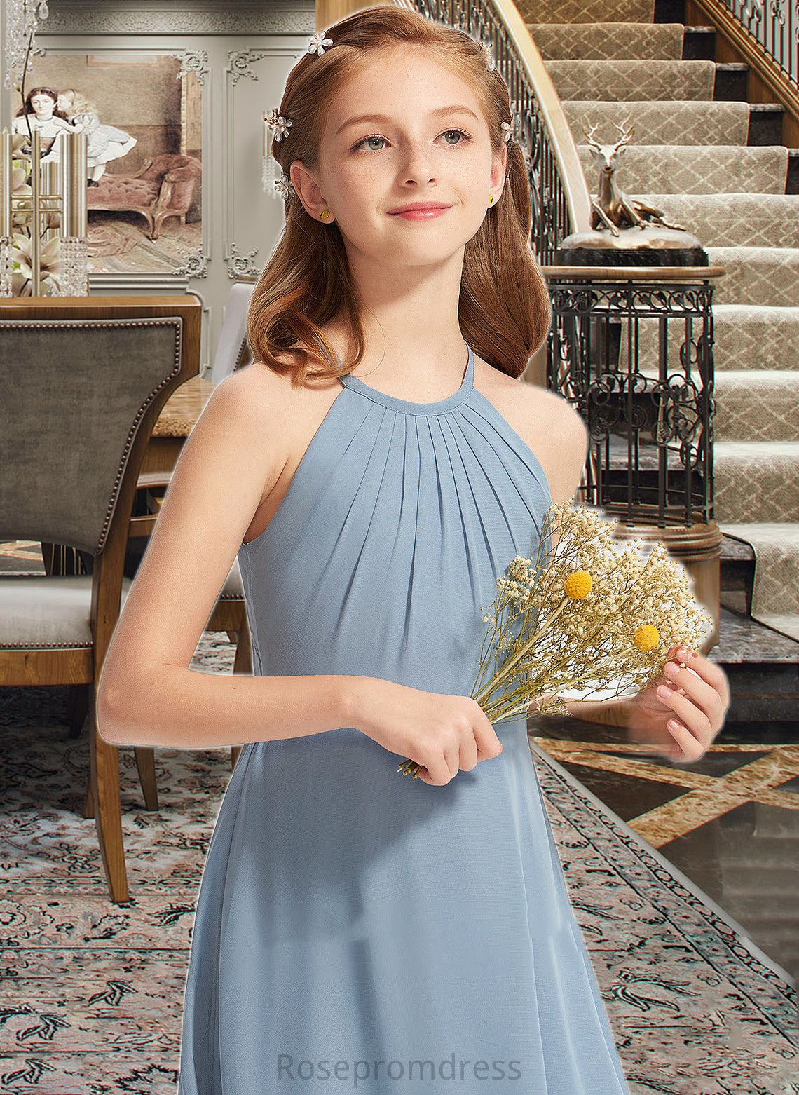 Tiara A-Line Scoop Neck Floor-Length Chiffon Junior Bridesmaid Dress With Ruffle SRSP0013353