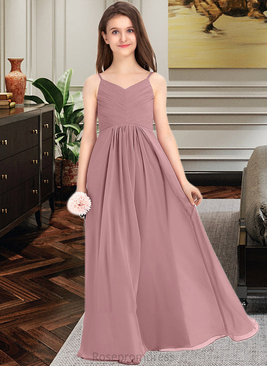 Johanna A-Line V-neck Floor-Length Chiffon Junior Bridesmaid Dress With Ruffle SRSP0013354