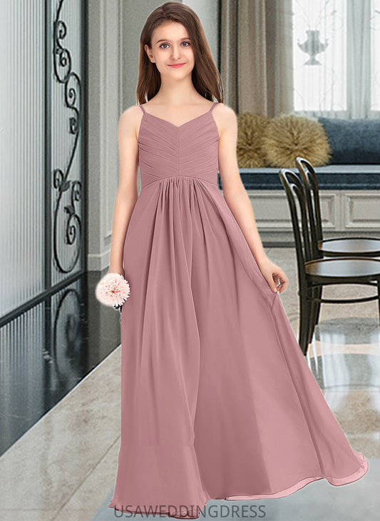 Ida A-Line V-neck Floor-Length Chiffon Junior Bridesmaid Dress With Ruffle DSP0013354