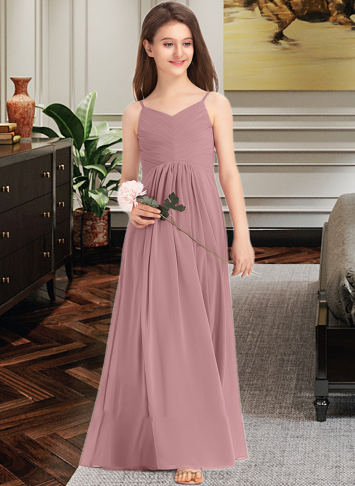 Johanna A-Line V-neck Floor-Length Chiffon Junior Bridesmaid Dress With Ruffle SRSP0013354