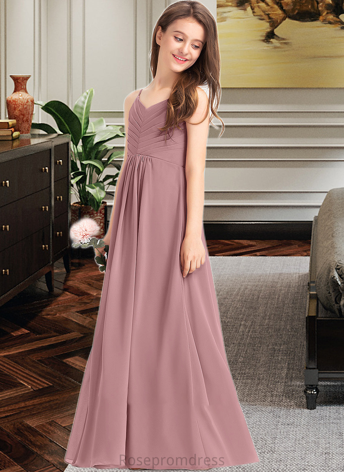 Johanna A-Line V-neck Floor-Length Chiffon Junior Bridesmaid Dress With Ruffle SRSP0013354