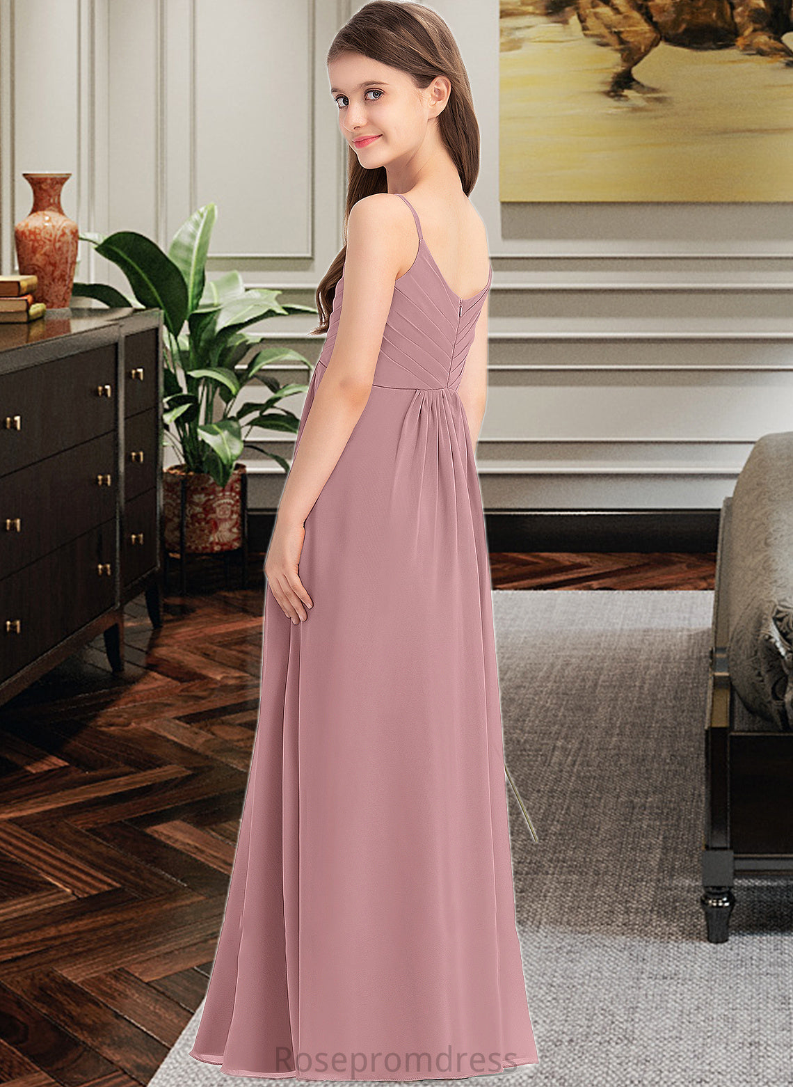 Johanna A-Line V-neck Floor-Length Chiffon Junior Bridesmaid Dress With Ruffle SRSP0013354