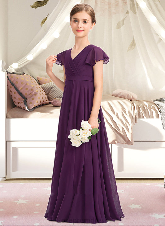 Jazlene A-Line V-neck Floor-Length Chiffon Junior Bridesmaid Dress With Bow(s) Cascading Ruffles SRSP0013355