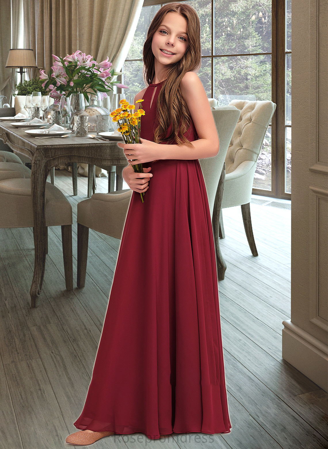 Felicity A-Line Scoop Neck Floor-Length Chiffon Junior Bridesmaid Dress SRSP0013357