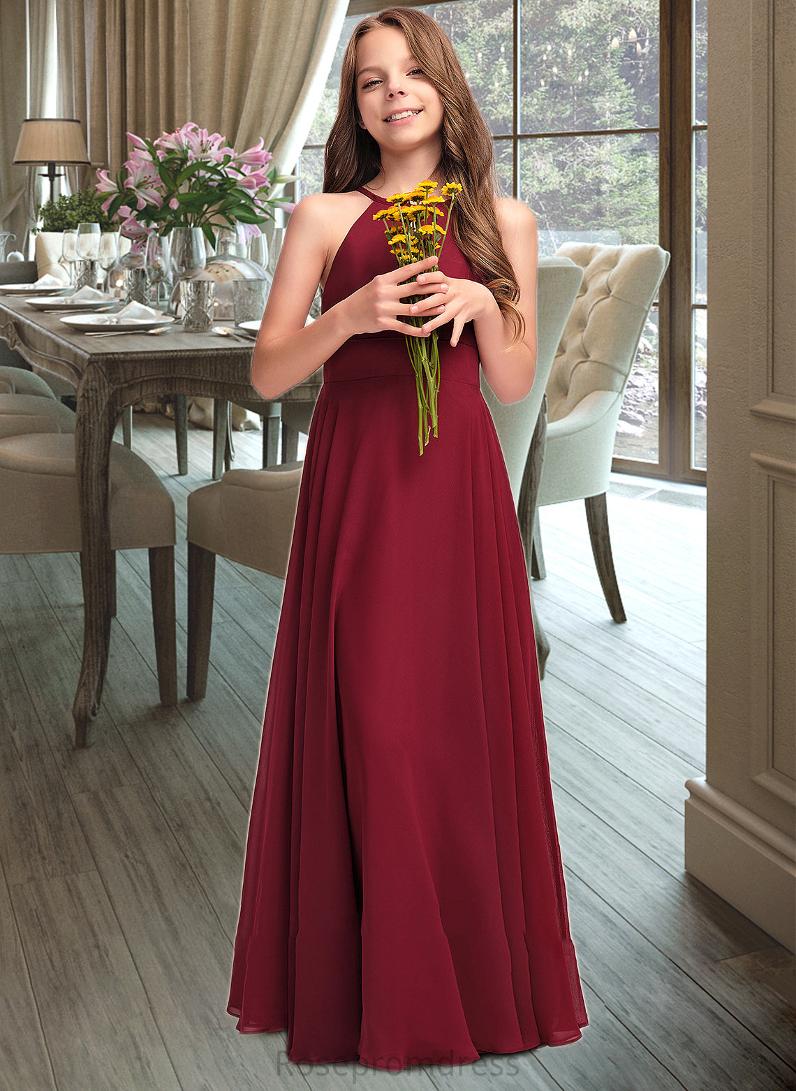Felicity A-Line Scoop Neck Floor-Length Chiffon Junior Bridesmaid Dress SRSP0013357
