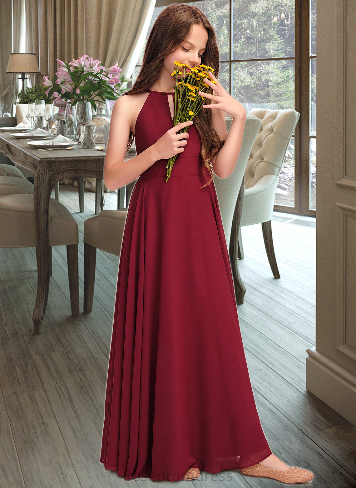 Felicity A-Line Scoop Neck Floor-Length Chiffon Junior Bridesmaid Dress SRSP0013357