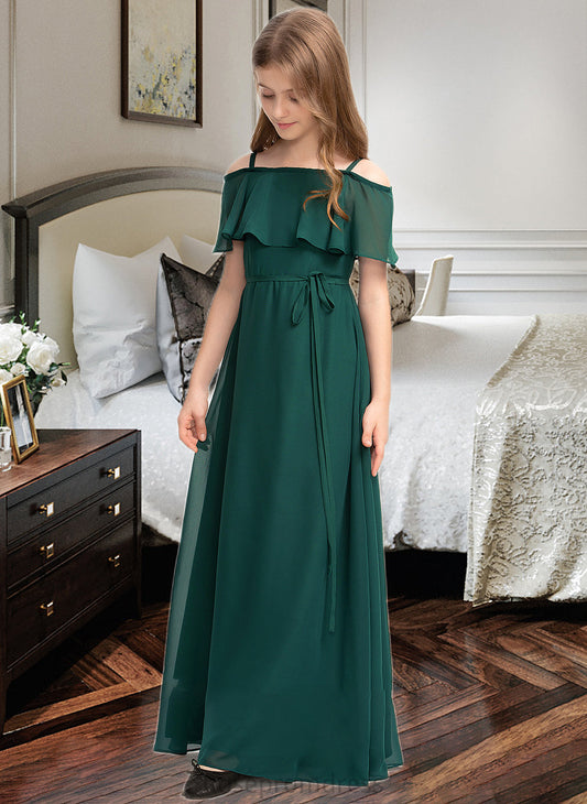 Iliana A-Line Off-the-Shoulder Floor-Length Chiffon Junior Bridesmaid Dress With Bow(s) SRSP0013359