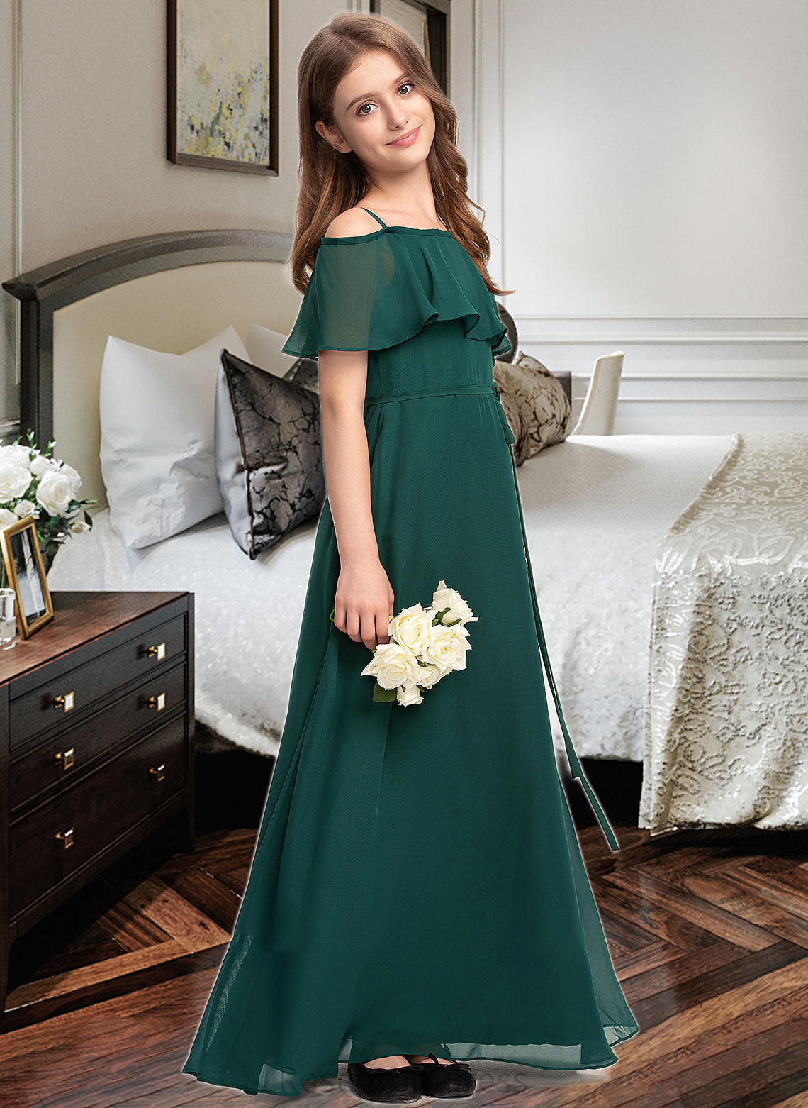 Iliana A-Line Off-the-Shoulder Floor-Length Chiffon Junior Bridesmaid Dress With Bow(s) SRSP0013359