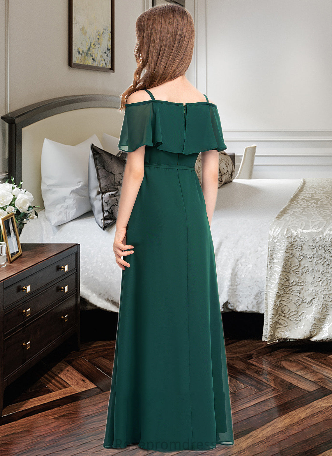 Iliana A-Line Off-the-Shoulder Floor-Length Chiffon Junior Bridesmaid Dress With Bow(s) SRSP0013359