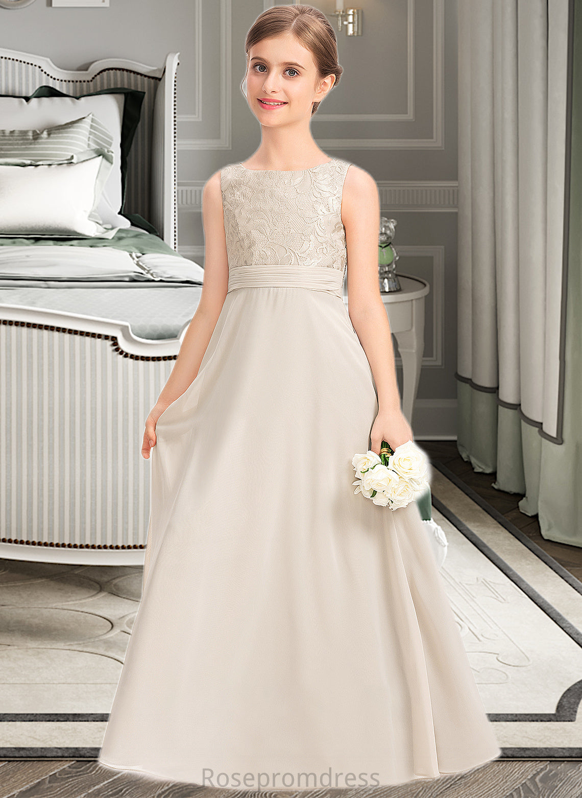 Whitney A-Line Scoop Neck Floor-Length Chiffon Lace Junior Bridesmaid Dress With Ruffle SRSP0013360
