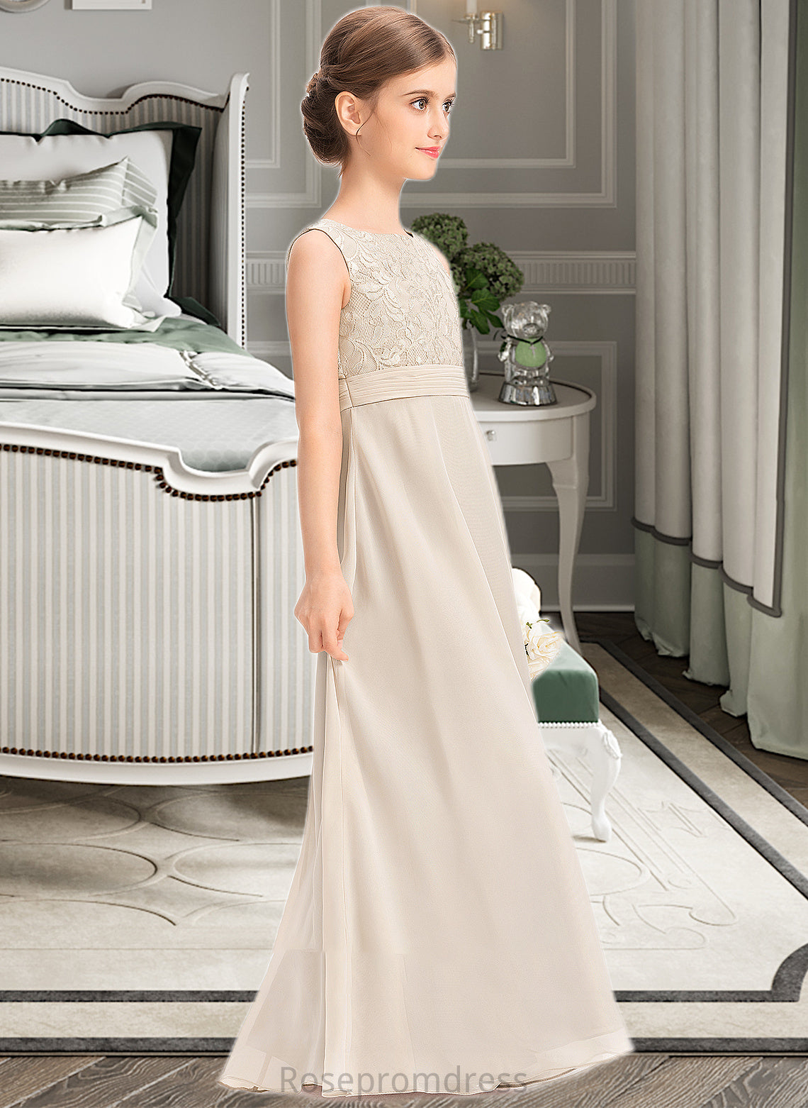 Whitney A-Line Scoop Neck Floor-Length Chiffon Lace Junior Bridesmaid Dress With Ruffle SRSP0013360