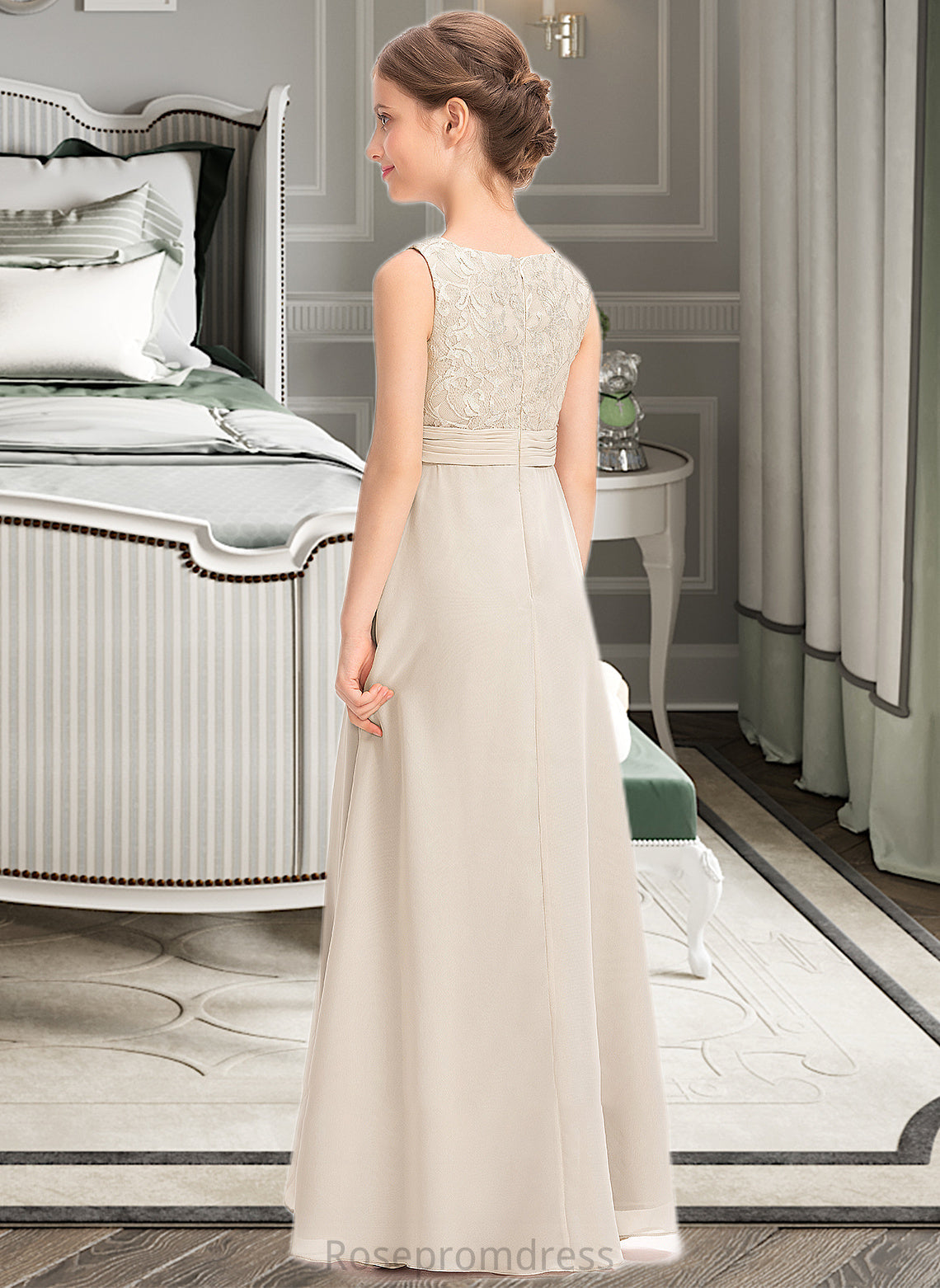 Whitney A-Line Scoop Neck Floor-Length Chiffon Lace Junior Bridesmaid Dress With Ruffle SRSP0013360
