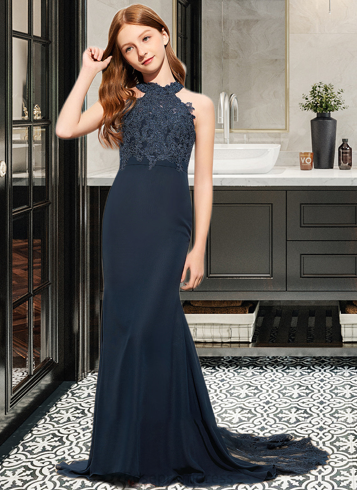 Bailee Trumpet/Mermaid Scoop Neck Sweep Train Chiffon Lace Junior Bridesmaid Dress SRSP0013364