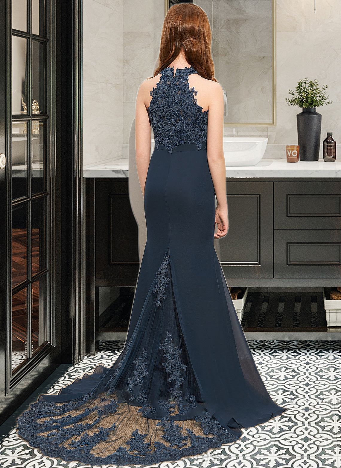 Bailee Trumpet/Mermaid Scoop Neck Sweep Train Chiffon Lace Junior Bridesmaid Dress SRSP0013364