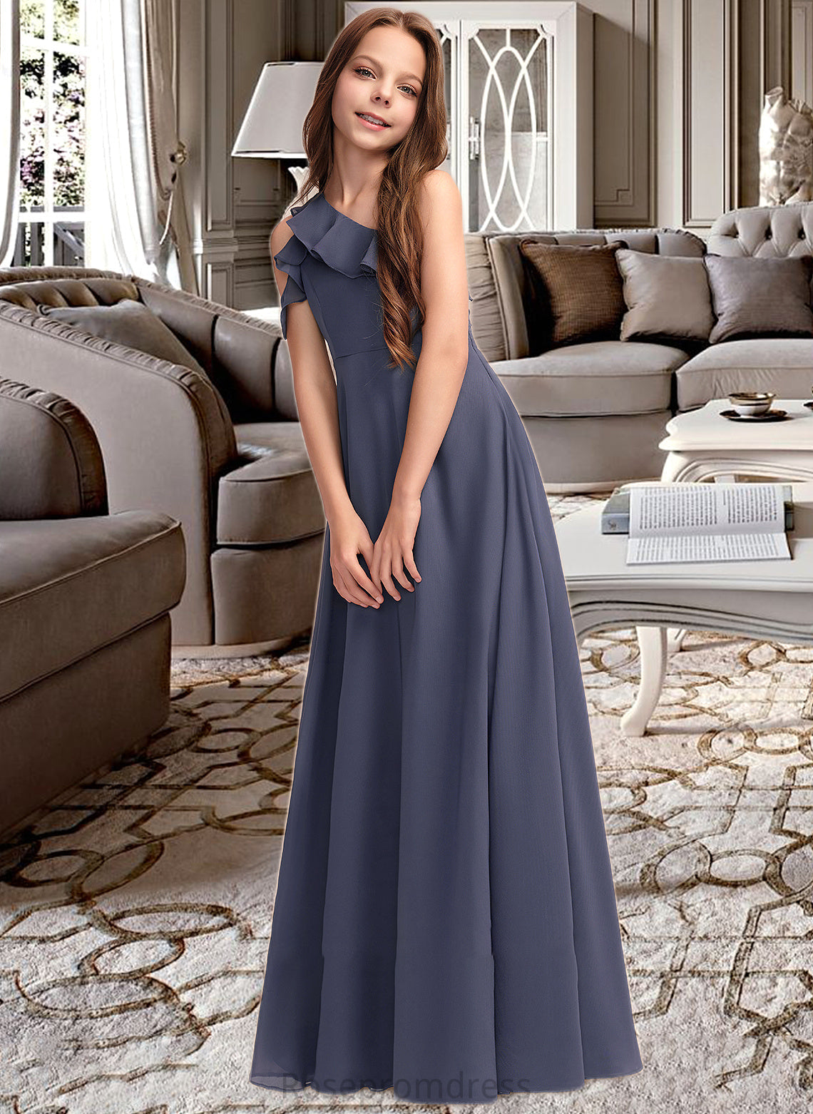 Louise A-Line One-Shoulder Floor-Length Chiffon Junior Bridesmaid Dress With Cascading Ruffles SRSP0013370