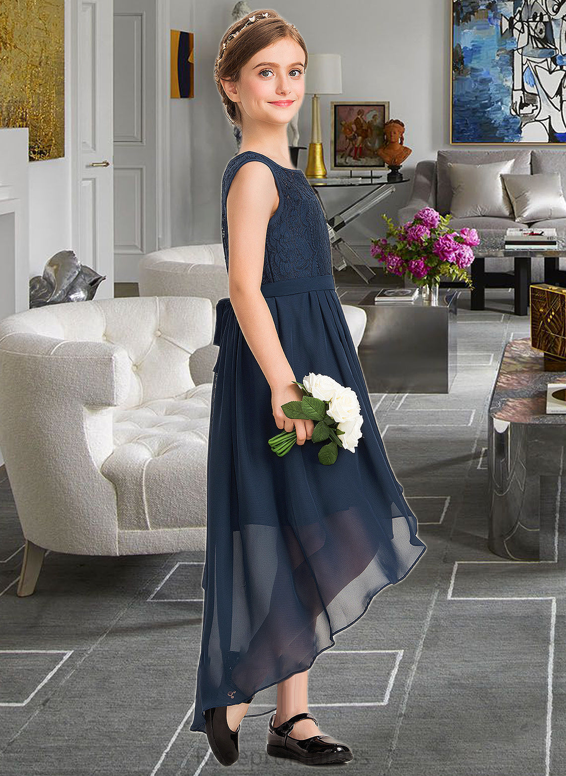 April A-Line Scoop Neck Asymmetrical Chiffon Lace Junior Bridesmaid Dress With Bow(s) Cascading Ruffles SRSP0013373