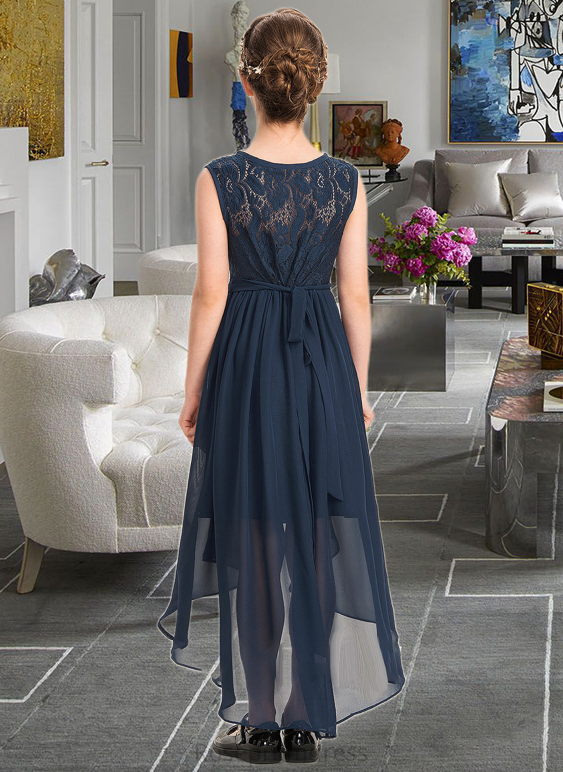 April A-Line Scoop Neck Asymmetrical Chiffon Lace Junior Bridesmaid Dress With Bow(s) Cascading Ruffles SRSP0013373
