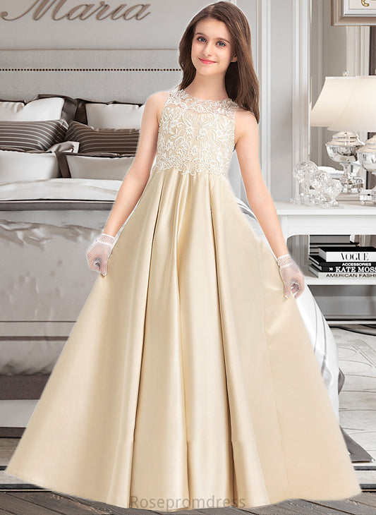 Mimi Ball-Gown/Princess Scoop Neck Floor-Length Satin Lace Junior Bridesmaid Dress SRSP0013374