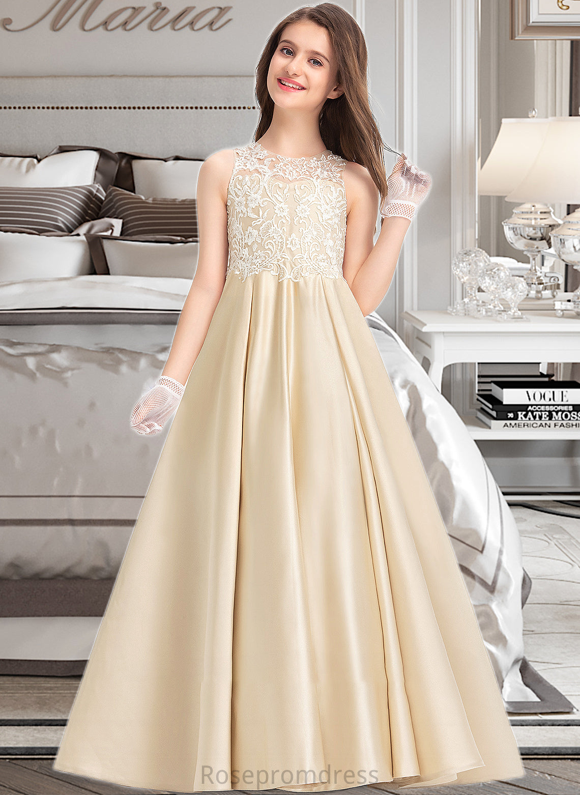 Mimi Ball-Gown/Princess Scoop Neck Floor-Length Satin Lace Junior Bridesmaid Dress SRSP0013374