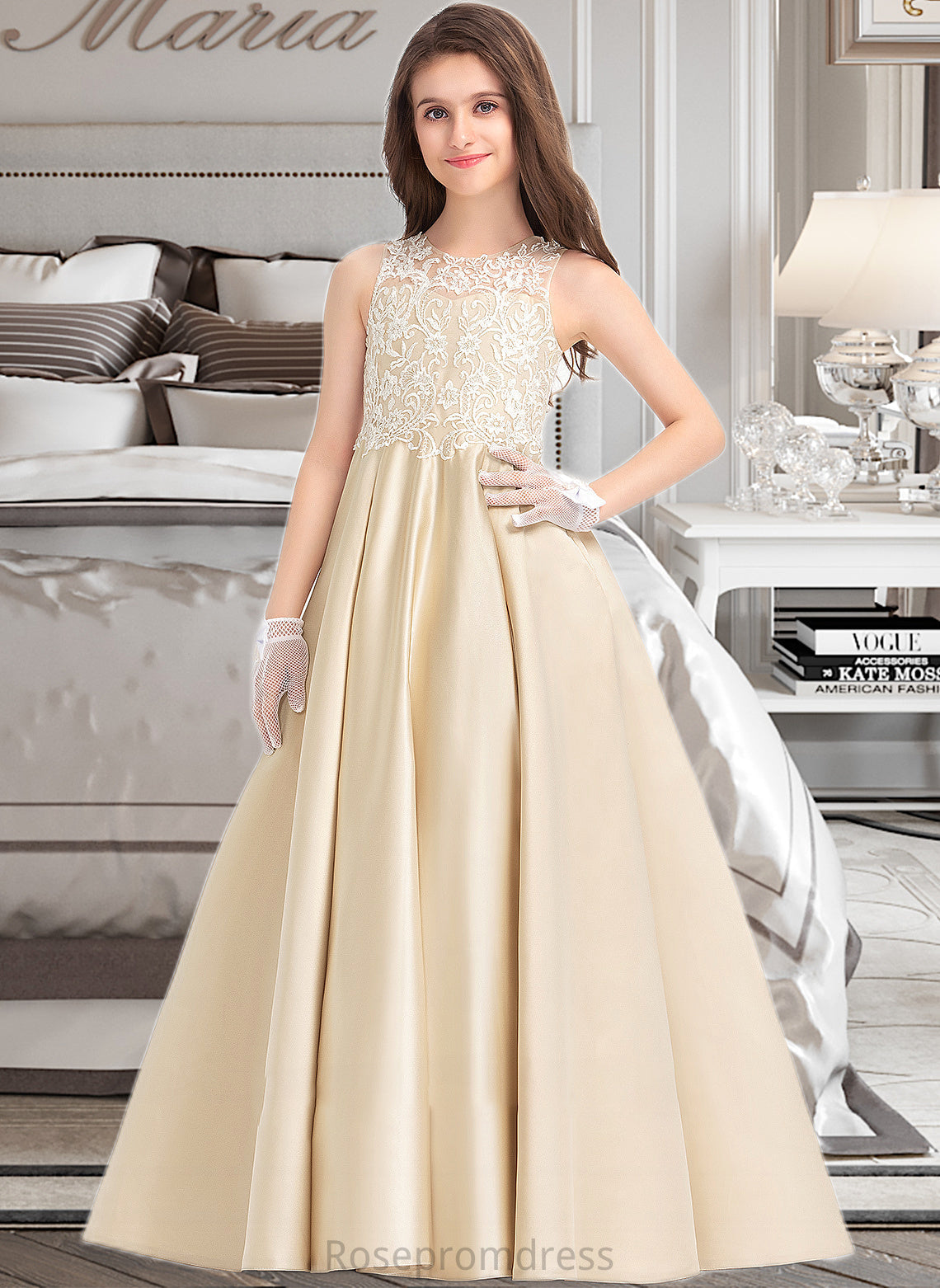 Mimi Ball-Gown/Princess Scoop Neck Floor-Length Satin Lace Junior Bridesmaid Dress SRSP0013374