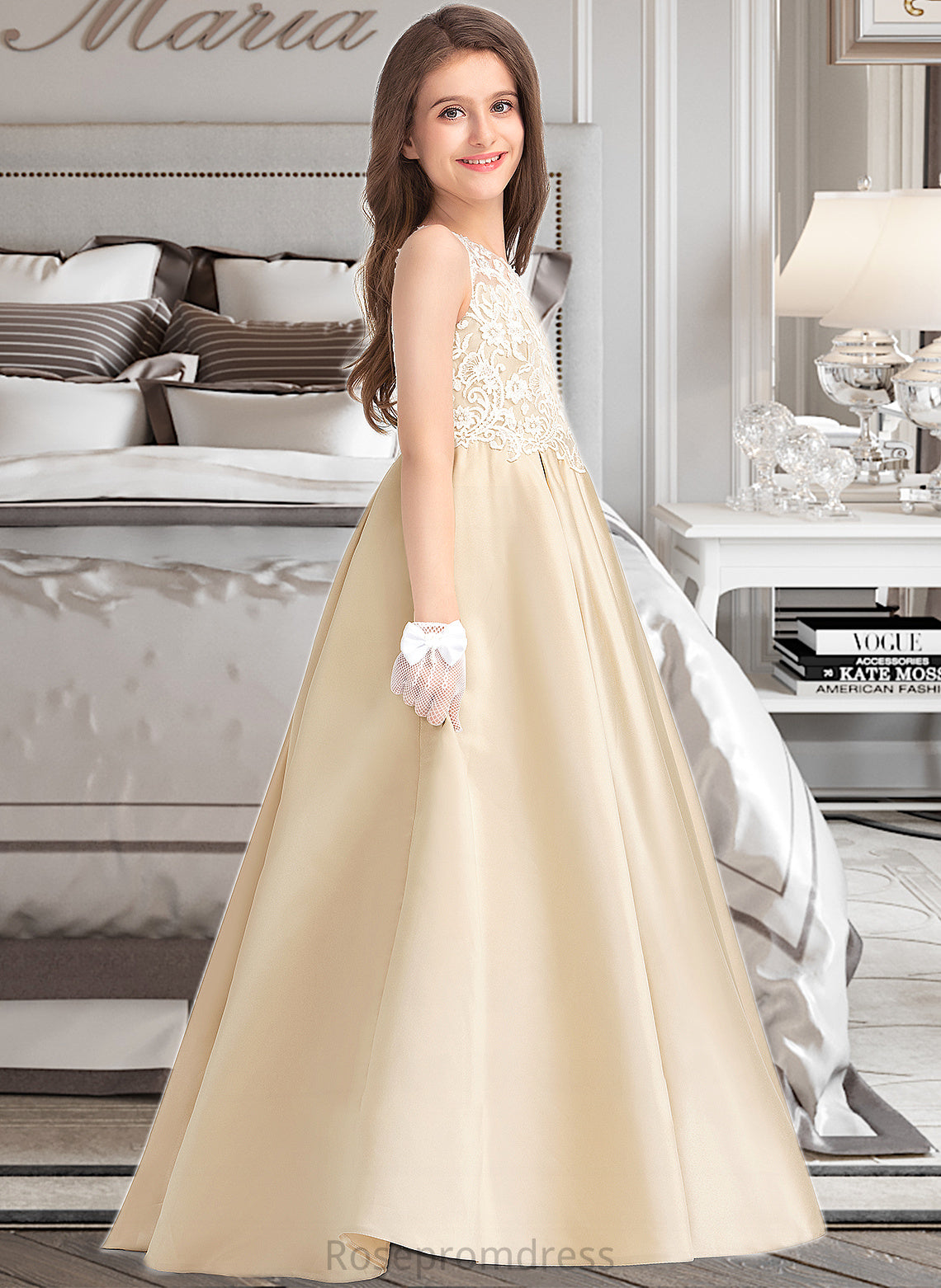 Mimi Ball-Gown/Princess Scoop Neck Floor-Length Satin Lace Junior Bridesmaid Dress SRSP0013374