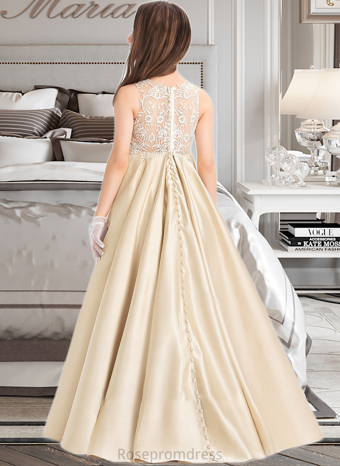 Mimi Ball-Gown/Princess Scoop Neck Floor-Length Satin Lace Junior Bridesmaid Dress SRSP0013374