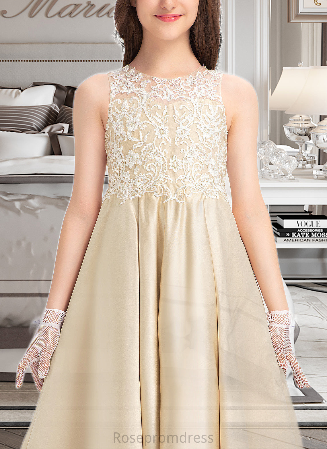 Mimi Ball-Gown/Princess Scoop Neck Floor-Length Satin Lace Junior Bridesmaid Dress SRSP0013374