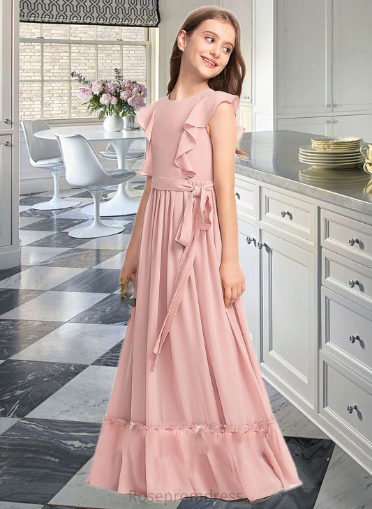 Jaidyn A-Line Scoop Neck Floor-Length Chiffon Junior Bridesmaid Dress With Bow(s) Cascading Ruffles SRSP0013375