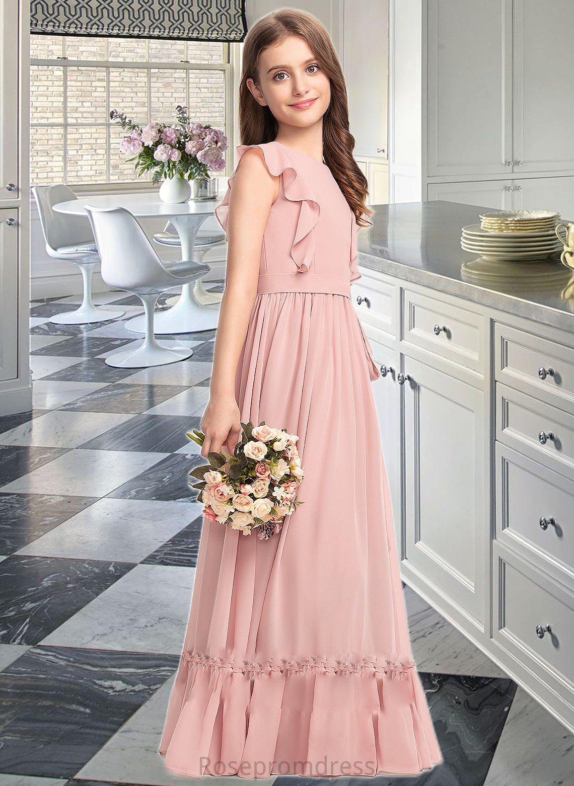 Jaidyn A-Line Scoop Neck Floor-Length Chiffon Junior Bridesmaid Dress With Bow(s) Cascading Ruffles SRSP0013375