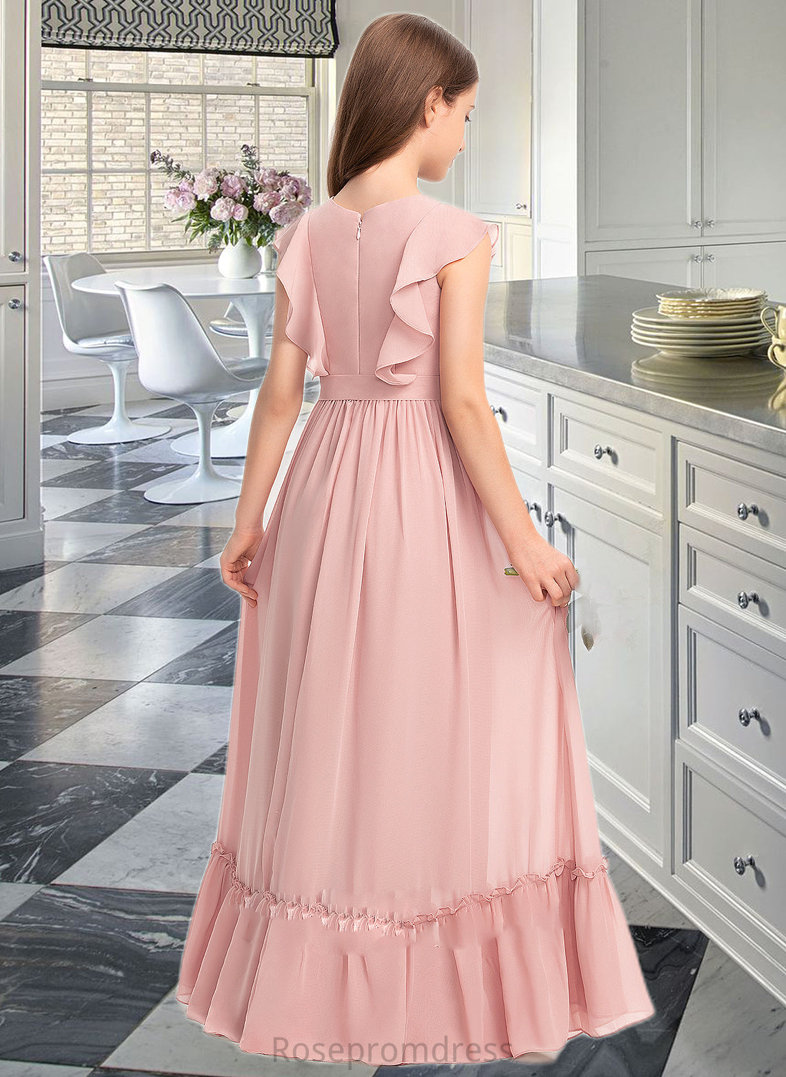Jaidyn A-Line Scoop Neck Floor-Length Chiffon Junior Bridesmaid Dress With Bow(s) Cascading Ruffles SRSP0013375