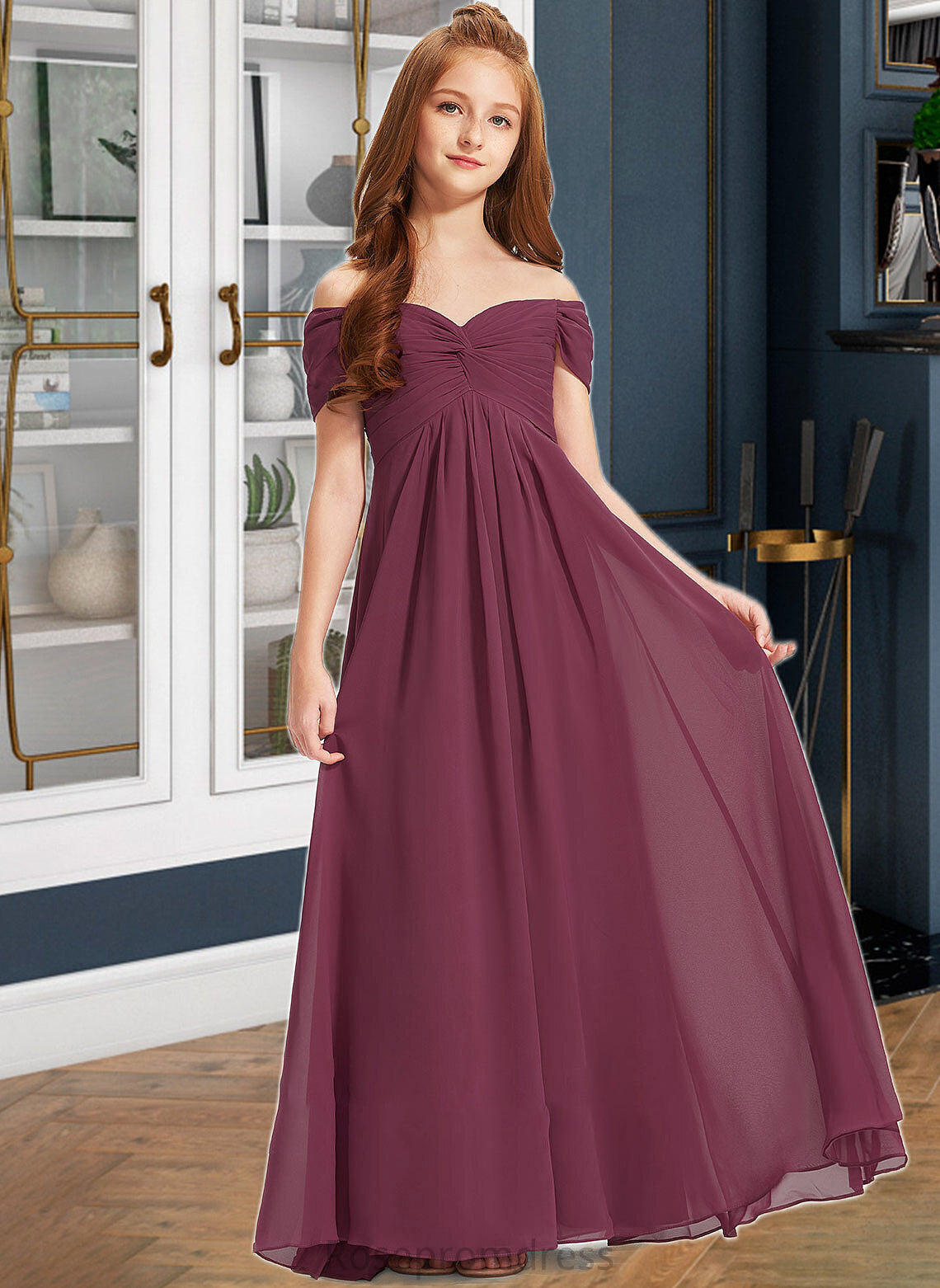 Madge A-Line Off-the-Shoulder Floor-Length Chiffon Junior Bridesmaid Dress With Ruffle SRSP0013376