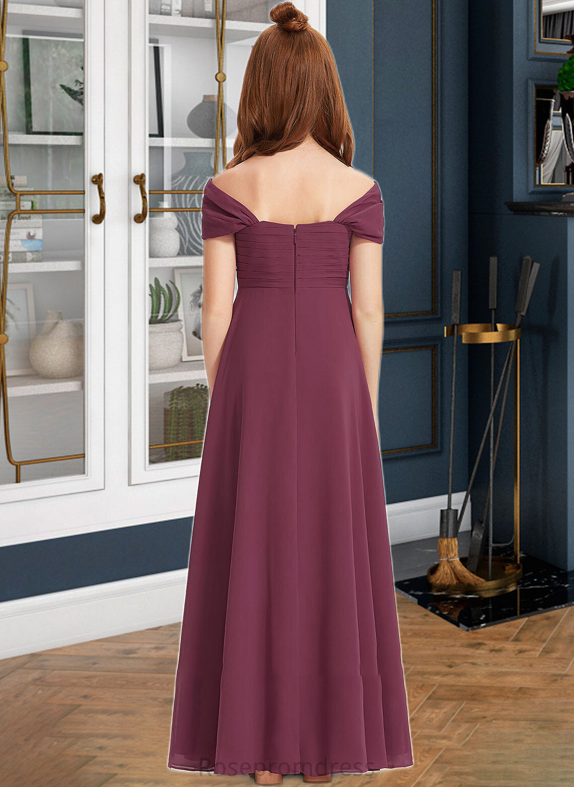 Madge A-Line Off-the-Shoulder Floor-Length Chiffon Junior Bridesmaid Dress With Ruffle SRSP0013376
