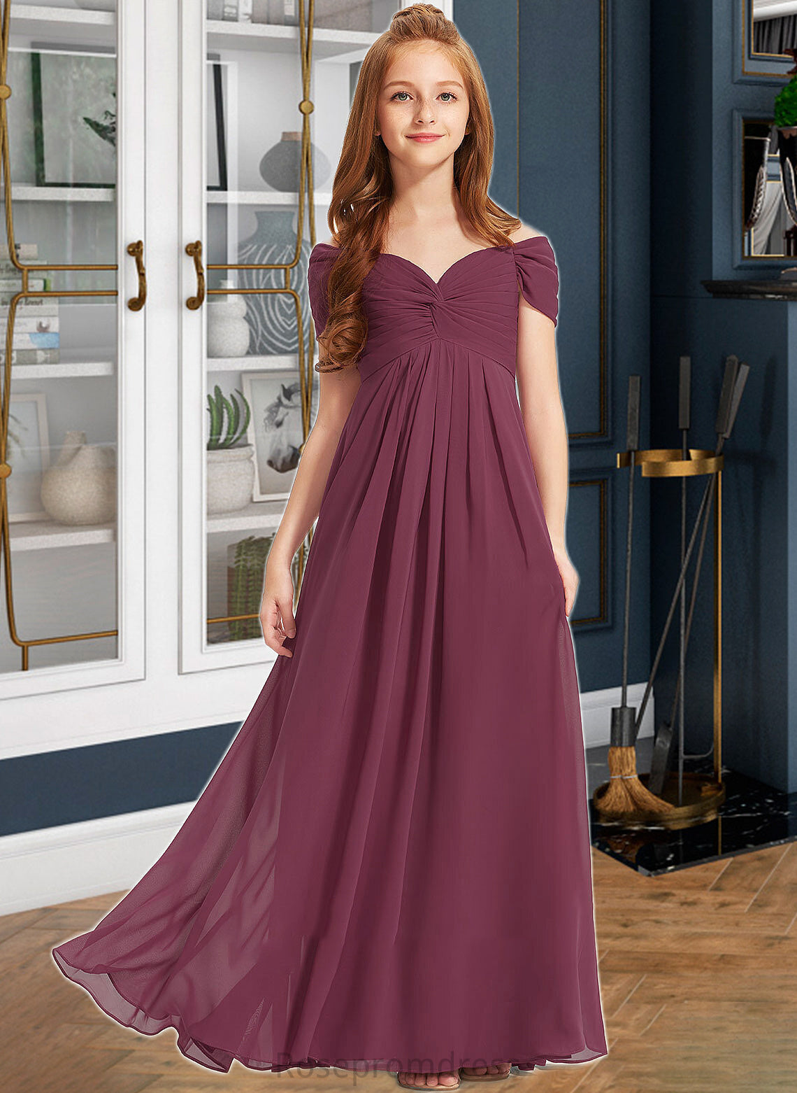 Madge A-Line Off-the-Shoulder Floor-Length Chiffon Junior Bridesmaid Dress With Ruffle SRSP0013376
