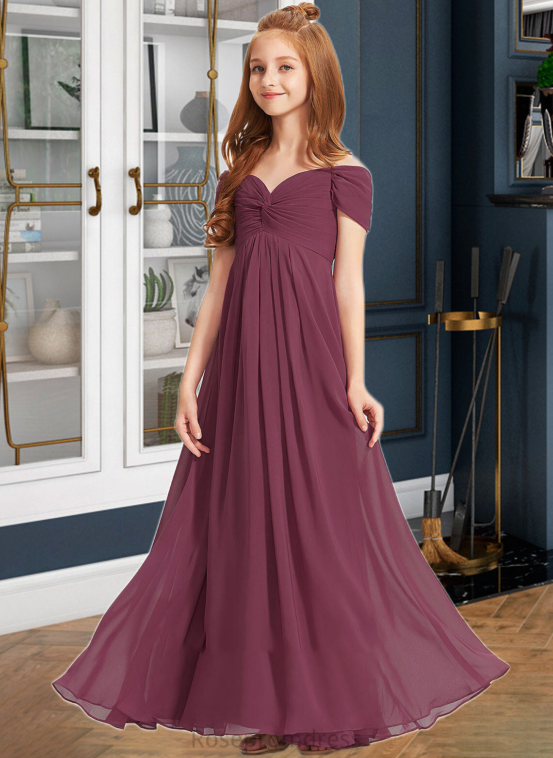 Madge A-Line Off-the-Shoulder Floor-Length Chiffon Junior Bridesmaid Dress With Ruffle SRSP0013376