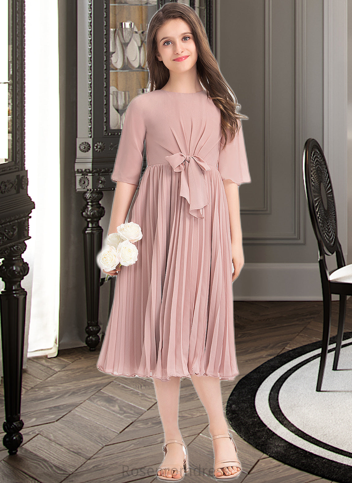 Riley A-Line Scoop Neck Knee-Length Chiffon Junior Bridesmaid Dress With Bow(s) Pleated SRSP0013377