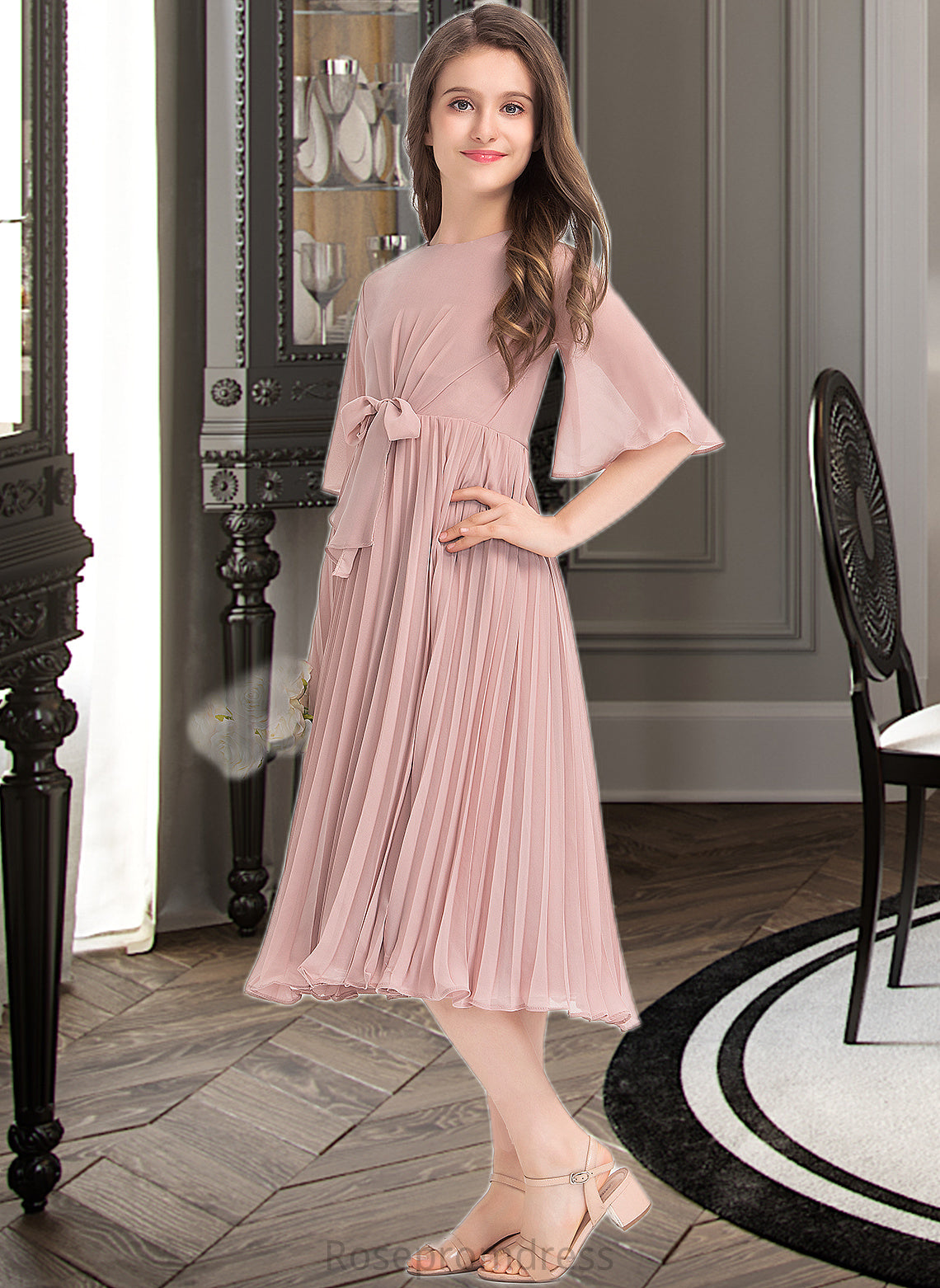 Riley A-Line Scoop Neck Knee-Length Chiffon Junior Bridesmaid Dress With Bow(s) Pleated SRSP0013377