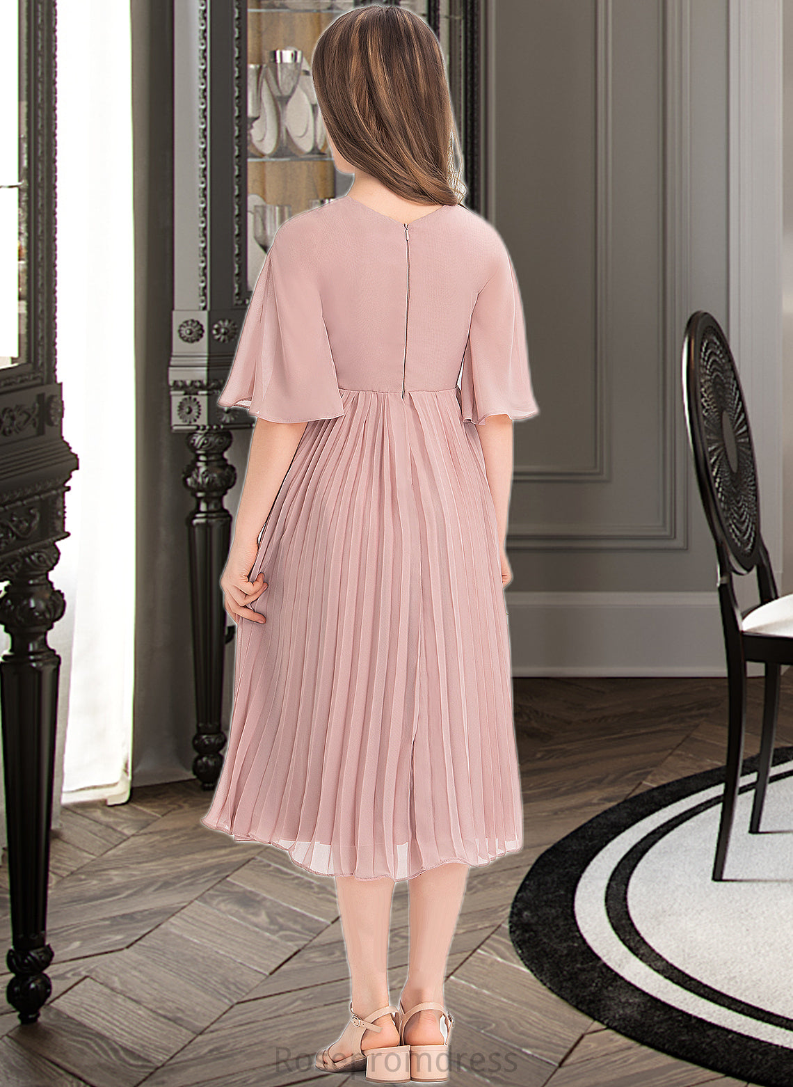 Riley A-Line Scoop Neck Knee-Length Chiffon Junior Bridesmaid Dress With Bow(s) Pleated SRSP0013377