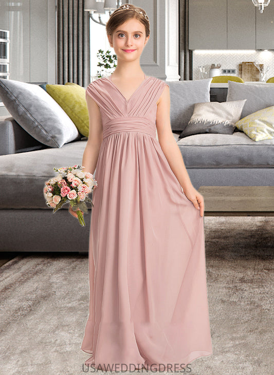 Mignon A-Line V-neck Floor-Length Chiffon Junior Bridesmaid Dress With Ruffle Bow(s) DSP0013378