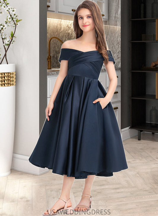 Erica A-Line Off-the-Shoulder Tea-Length Satin Junior Bridesmaid Dress With Ruffle Pockets DSP0013383