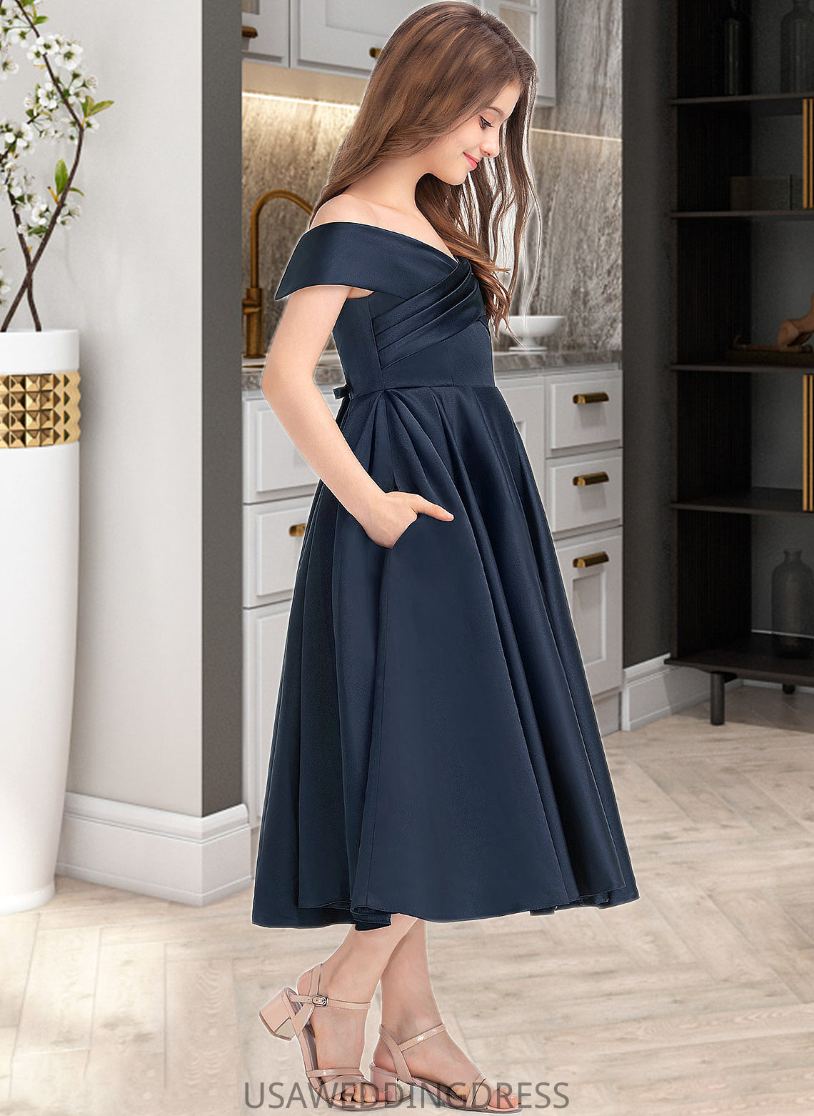 Erica A-Line Off-the-Shoulder Tea-Length Satin Junior Bridesmaid Dress With Ruffle Pockets DSP0013383