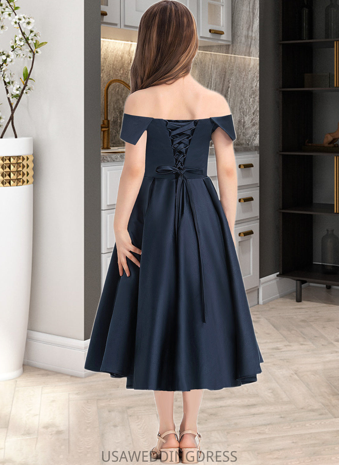 Erica A-Line Off-the-Shoulder Tea-Length Satin Junior Bridesmaid Dress With Ruffle Pockets DSP0013383